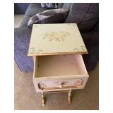 Hand-Painted Vintage Side Table with Floral Design and Drawer