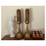 Set of 2 Tall Ornate Pillar Candles with Holders and White Ceramic Lady Statue