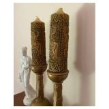 Set of 2 Tall Ornate Pillar Candles with Holders and White Ceramic Lady Statue
