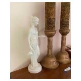 Set of 2 Tall Ornate Pillar Candles with Holders and White Ceramic Lady Statue