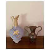Pair of Decorative Antique Vases - Hand-Painted Porcelain and Metal