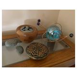 Lot of Decorative Boxes, Sculpted Stone, and Abstract Glass Art Sculpture