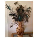 Large Woven Basket Vase with Decorative Peacock Feathers