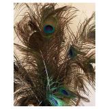 Large Woven Basket Vase with Decorative Peacock Feathers