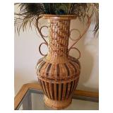 Large Woven Basket Vase with Decorative Peacock Feathers