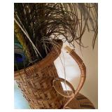 Large Woven Basket Vase with Decorative Peacock Feathers