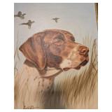 Artist Signed Hunting Dog Painting with Waterfowl
