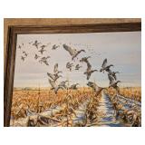 Framed Signed Artwork of Geese Over Cornfield by John