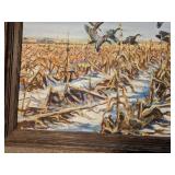 Framed Signed Artwork of Geese Over Cornfield by John
