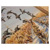 Framed Signed Artwork of Geese Over Cornfield by John