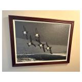 Framed R.Schiebel 2002 Painting of Redhead Ducks in Flight