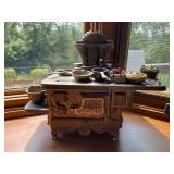 Vintage Acme Cast Iron Salesman Sample Toy Stove with Miniature Cookware and Pies