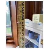 Vintage Doll Hutch with Blue Ceramic Tea Set and Assorted Flatware