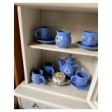 Vintage Doll Hutch with Blue Ceramic Tea Set and Assorted Flatware