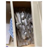 Vintage Doll Hutch with Blue Ceramic Tea Set and Assorted Flatware