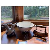 Vintage Italian Handmade Colander, Southwest Double Bud Vase, and Ulu Chopper Set