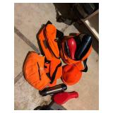 Hunting Gear Lot with Orange Vests, Belt Bags, Cap, and Thermos