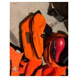 Hunting Gear Lot with Orange Vests, Belt Bags, Cap, and Thermos