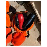 Hunting Gear Lot with Orange Vests, Belt Bags, Cap, and Thermos