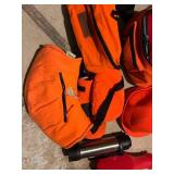 Hunting Gear Lot with Orange Vests, Belt Bags, Cap, and Thermos