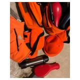 Hunting Gear Lot with Orange Vests, Belt Bags, Cap, and Thermos