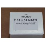20 7.62 x 51mm (.308) 150 Gr Sierra SP BT Ammo 20 7.62 x 51mm (.308) 150 Gr Sierra SP BT Ammo