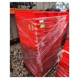 Pallet of Red Industrial Storage Bins with Black Dividers