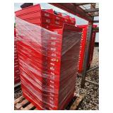 Pallet of Red Industrial Storage Bins with Black Dividers