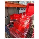 Bulk Lot of Red Plastic Storage Totes and Lids on Pallet