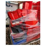 Bulk Lot of Red Plastic Storage Totes and Lids on Pallet