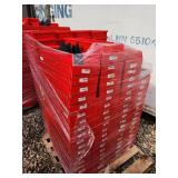 pallet of red plastic storage bins