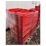 pallet of red plastic storage bins