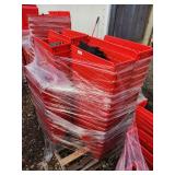 Pallet of Red Stackable Storage Bins with Black Dividers