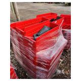 Pallet of Red Stackable Storage Bins with Black Dividers