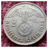 1938 Germany Third Reich Silver 2 Mark Coin