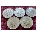(5) 90% Silver Kennedy Half Dollars