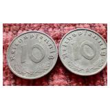 (2) Germany Third Reich 10 Pfennig Coins