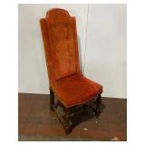 Vintage Wooden High Back Chair with Orange Velvet Upholstery