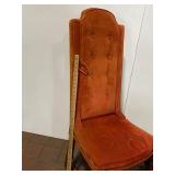 Vintage Wooden High Back Chair with Orange Velvet Upholstery
