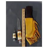 Handmade 440 Stainless Steel Knife Set with Bone Style Handles & Leather Sheath