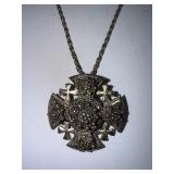 Sterling Silver Ornate Cross Pendant Necklace with Filigree Detailing, 32.4g