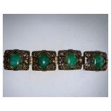 Vintage Ornate Brass Bracelet with Green Art Glass Stones