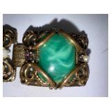 Vintage Ornate Brass Bracelet with Green Art Glass Stones