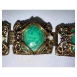 Vintage Ornate Brass Bracelet with Green Art Glass Stones