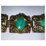 Vintage Ornate Brass Bracelet with Green Art Glass Stones
