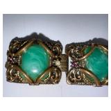 Vintage Ornate Brass Bracelet with Green Art Glass Stones