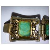 Vintage Ornate Brass Bracelet with Green Art Glass Stones