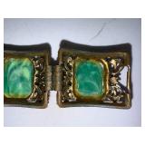 Vintage Ornate Brass Bracelet with Green Art Glass Stones