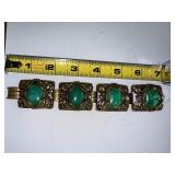 Vintage Ornate Brass Bracelet with Green Art Glass Stones