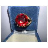 Vintage Gold Tone Ring with Large Red Faceted Glass Stone